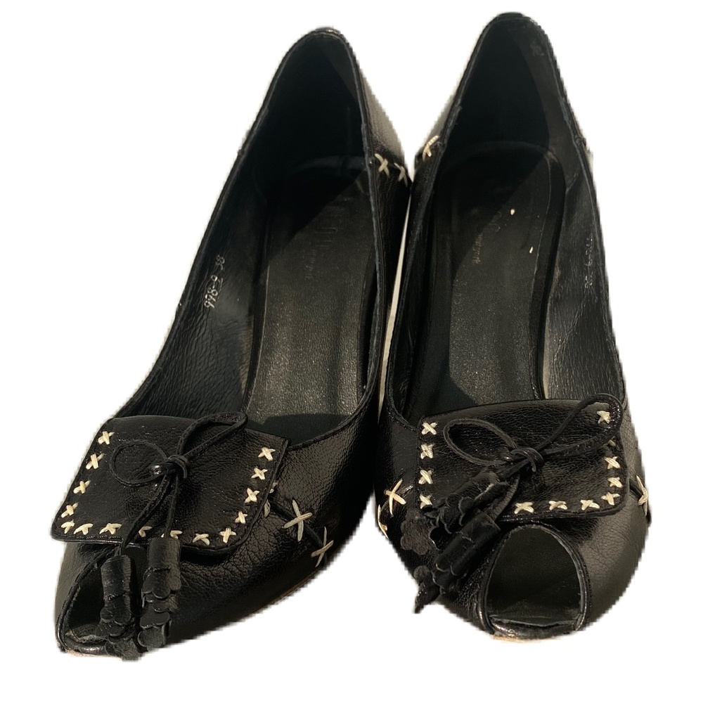 Juno New York loafer block heels peep toe black cream 8 - Picture 2 of 12